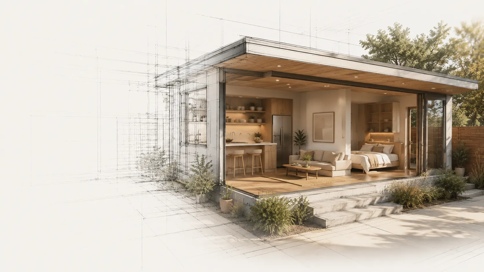 Architectural blueprint render of an ADU and home addition in San Dimas