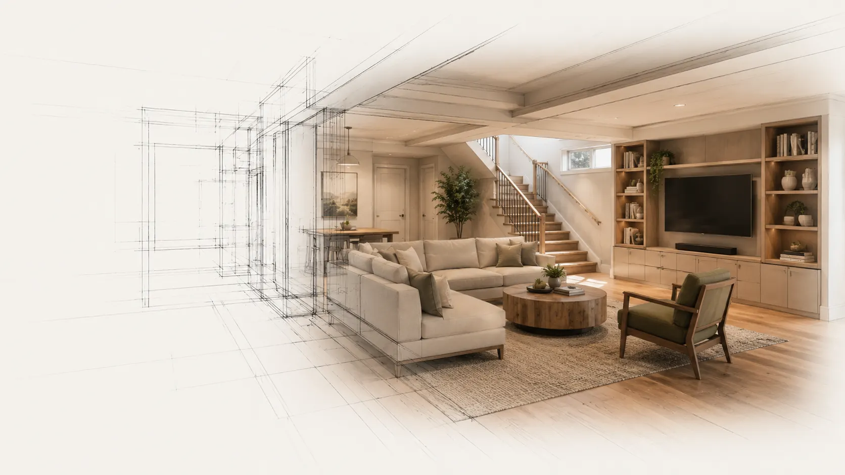 Architectural blueprint render of a finished basement in San Dimas