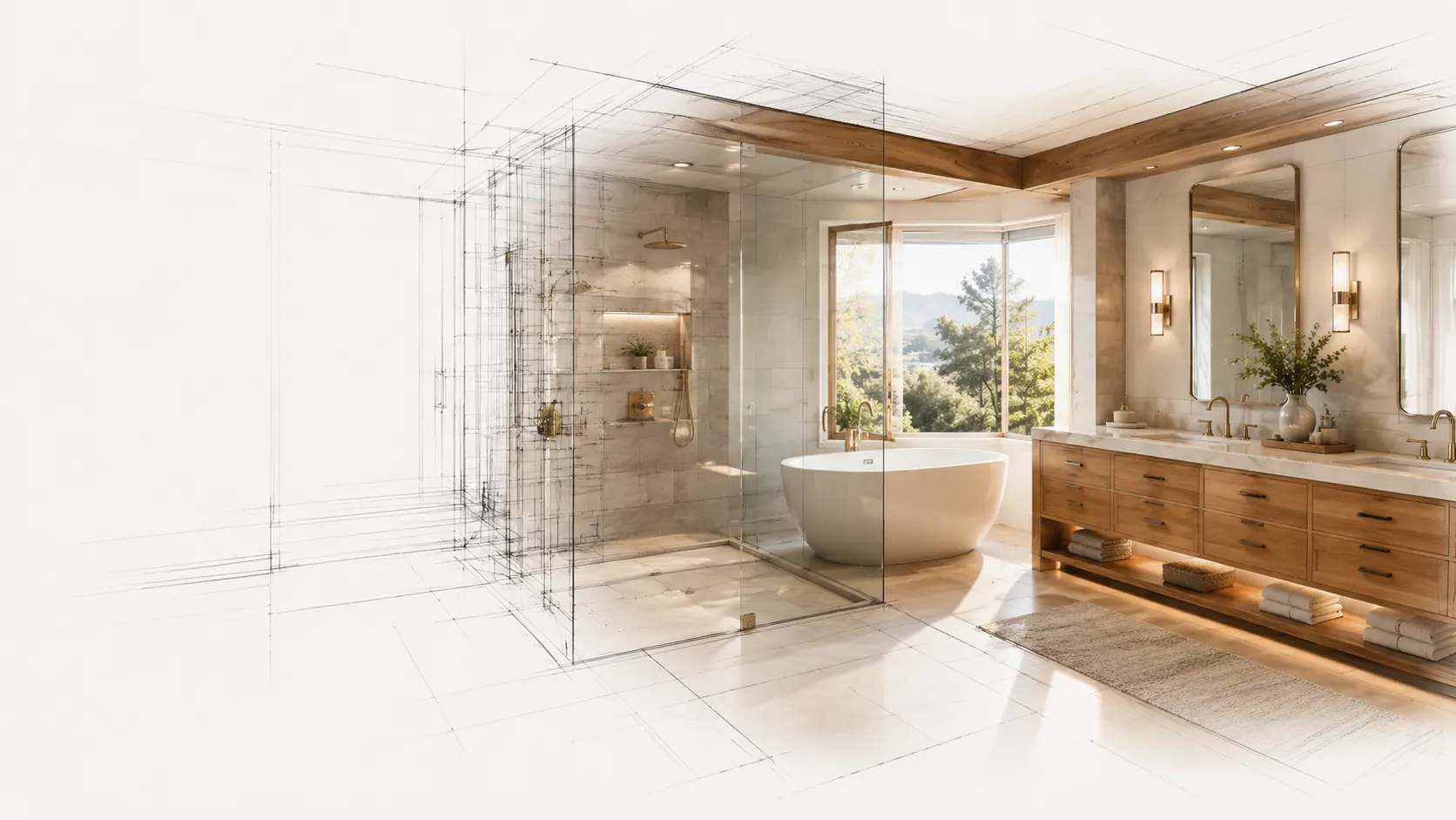 Architectural blueprint render of a custom bathroom remodel in San Dimas