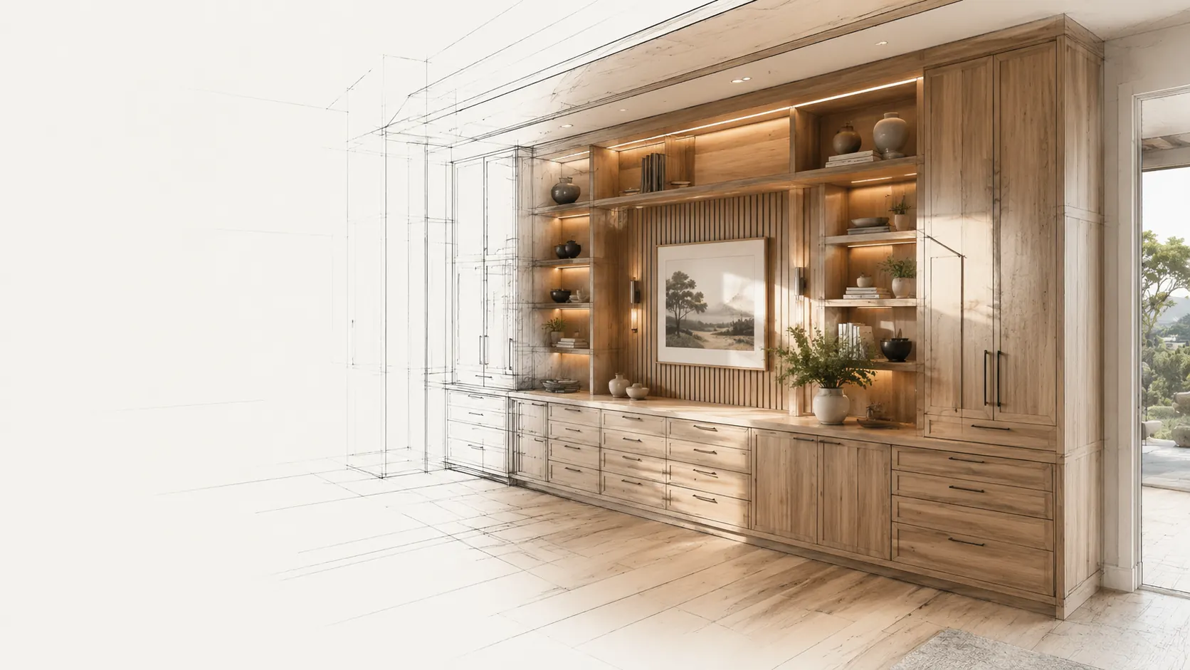 Architectural blueprint render of custom cabinetry and millwork in San Dimas