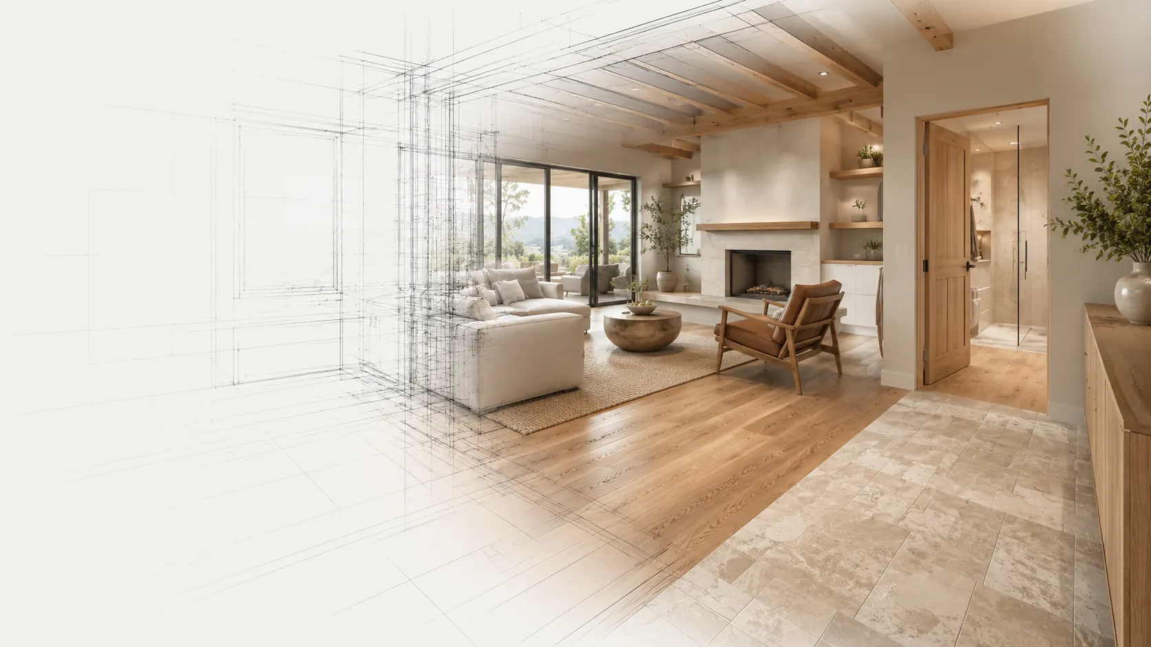 Architectural blueprint render of flooring and tile installation in San Dimas
