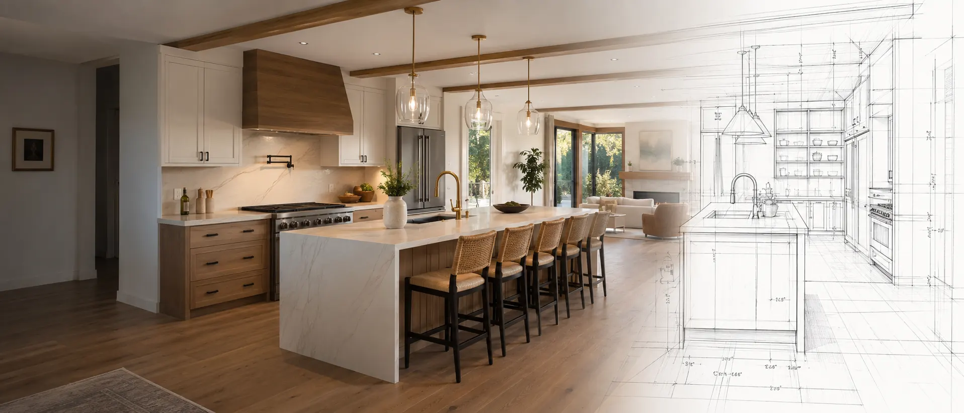 Custom kitchen remodel transitioning from architectural blueprint to finished build by Dollhouse Construction in San Dimas