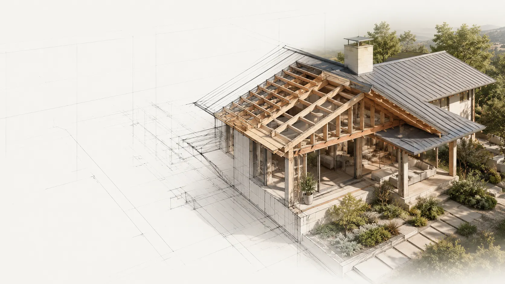 Architectural blueprint render of roofing and exterior renovation in San Dimas