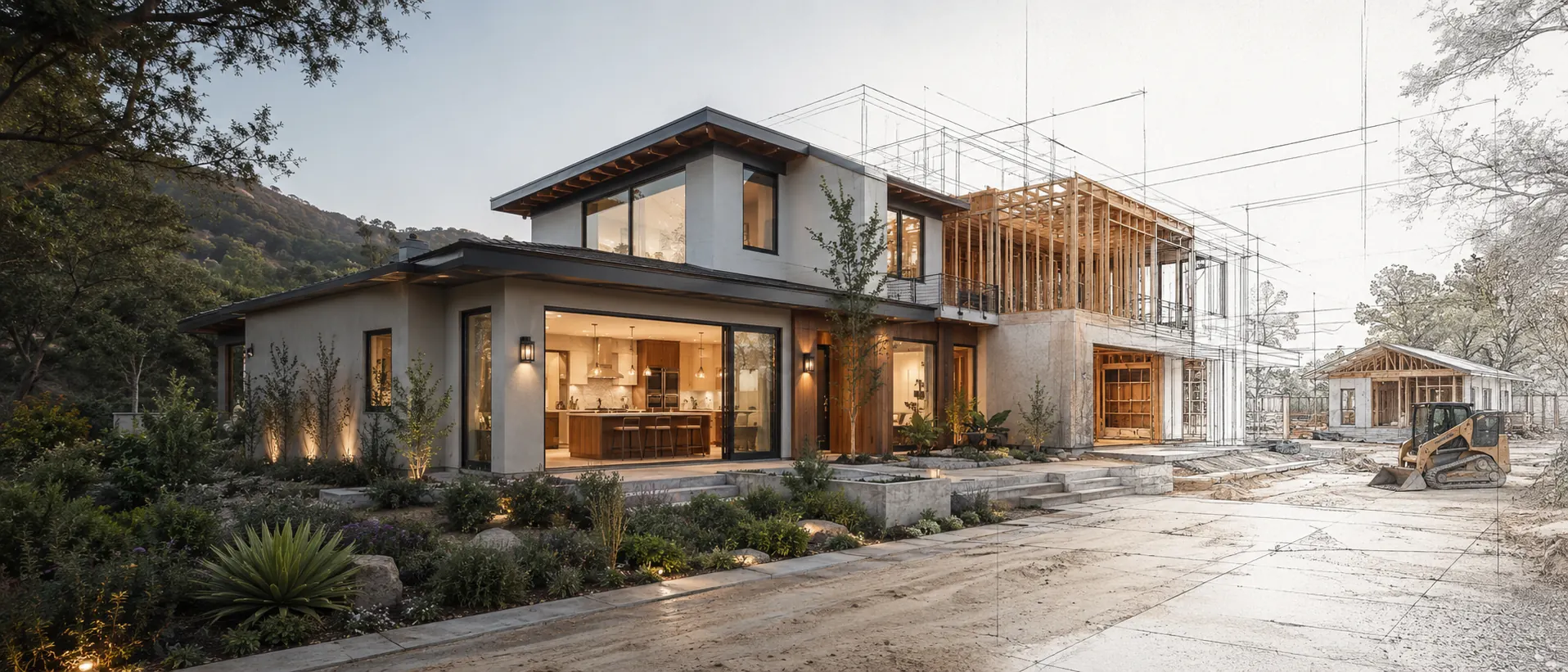 Custom home transitioning from architectural blueprint to finished build by Dollhouse Construction in the San Gabriel Valley foothills